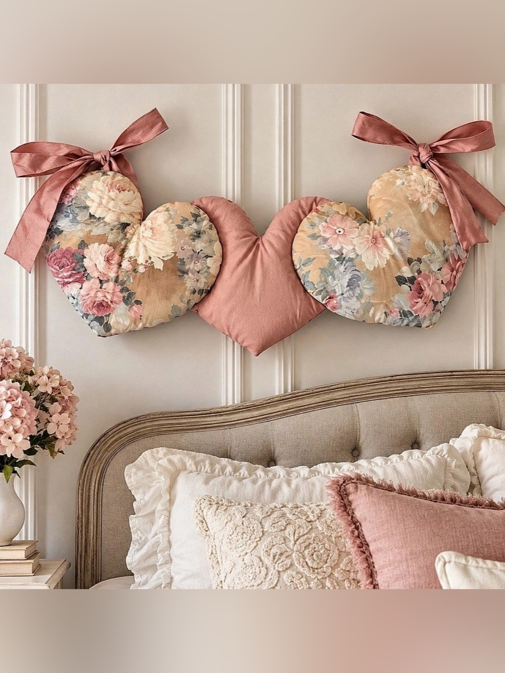 Floral Fabric Heart Wall Hanging Dusty Rose Cottagecore Decor